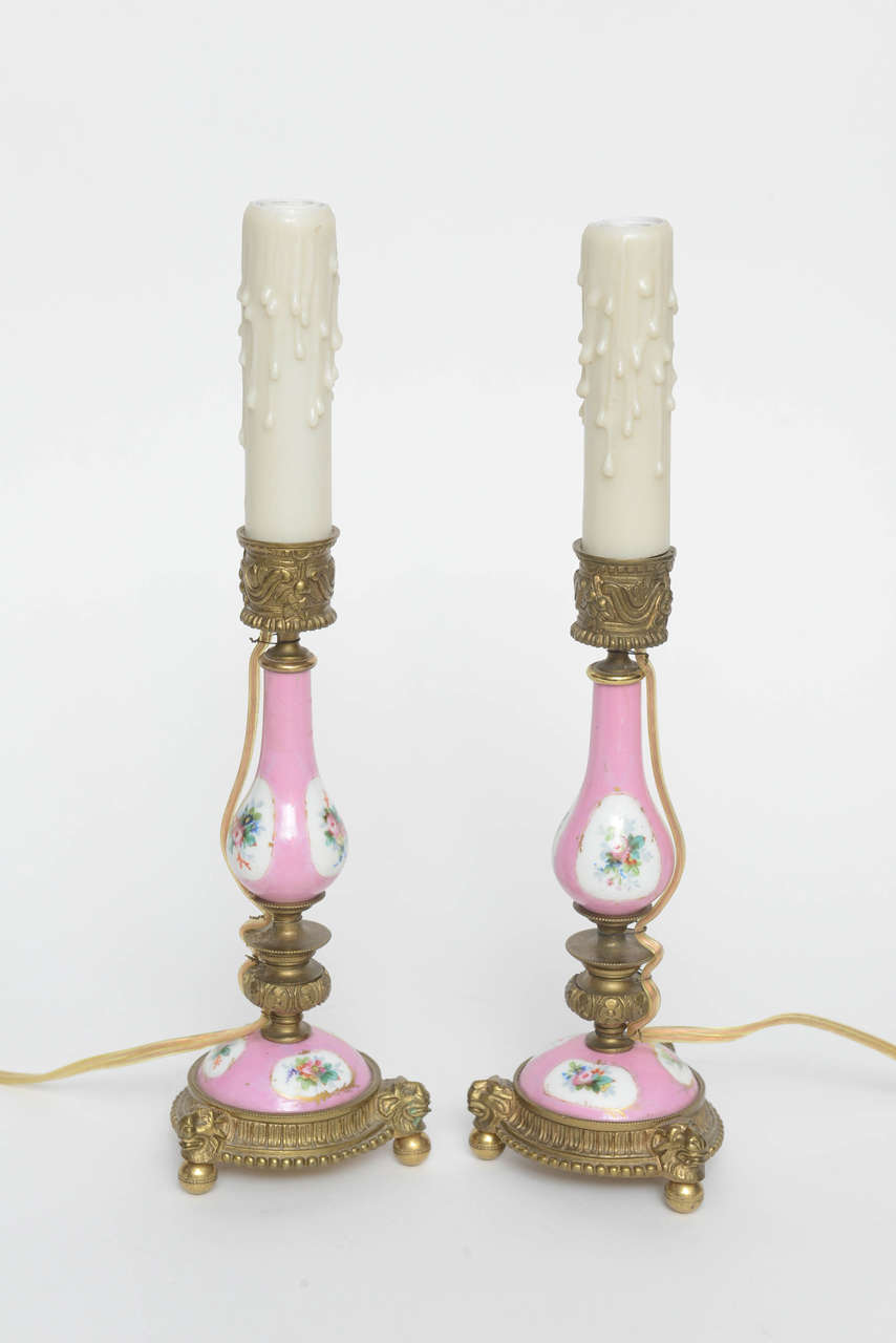 Pair of French Porcelain Miniature Candelsick Lamps, 19th Century