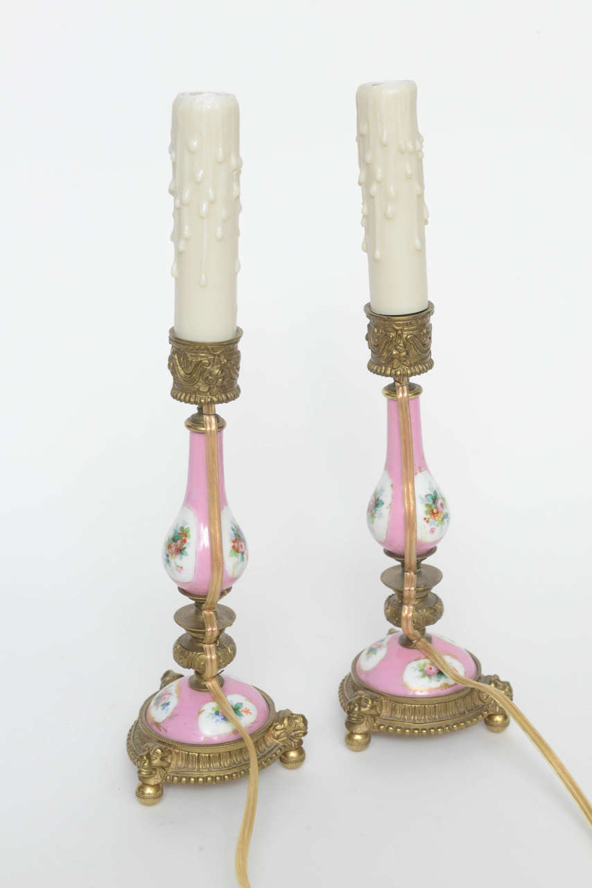 Pair of French Porcelain Miniature Candelsick Lamps, 19th Century For Sale 1