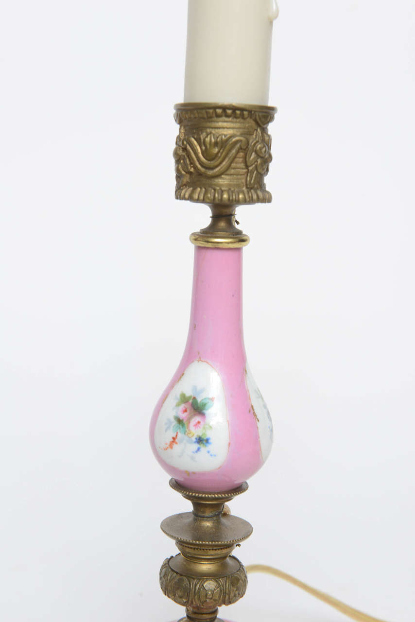 Pair of French Porcelain Miniature Candelsick Lamps, 19th Century For Sale 4