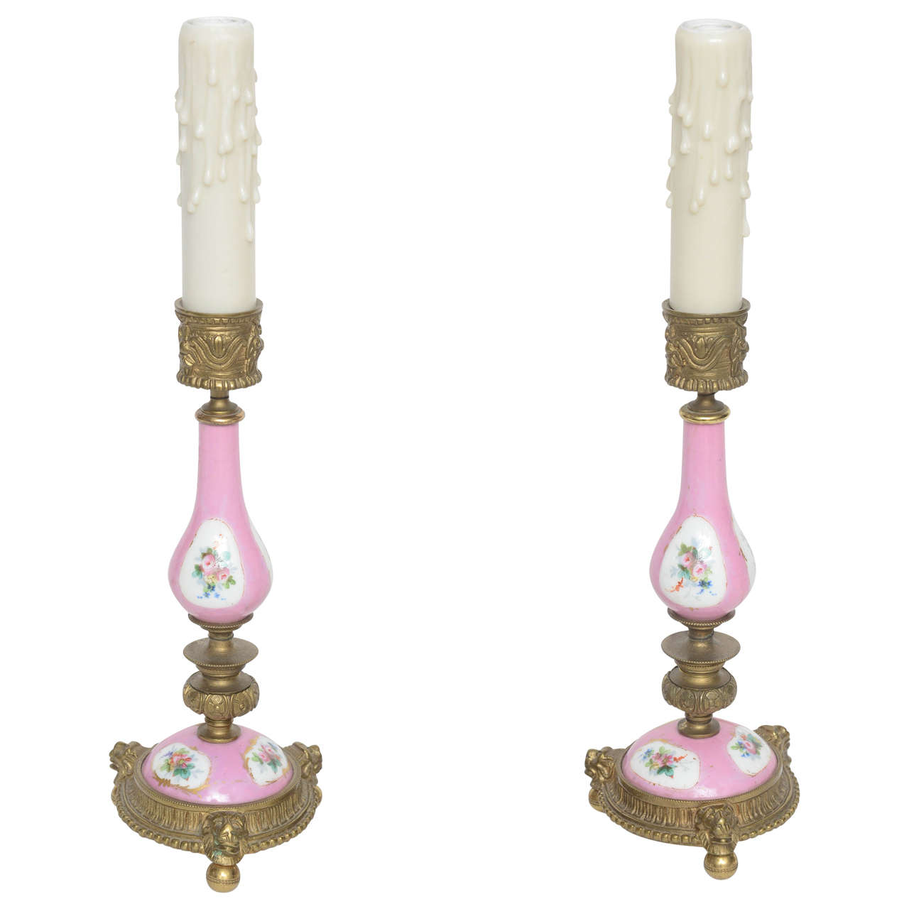 Pair of French Porcelain Miniature Candelsick Lamps, 19th Century For Sale