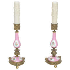 Antique Pair of French Porcelain Miniature Candelsick Lamps, 19th Century