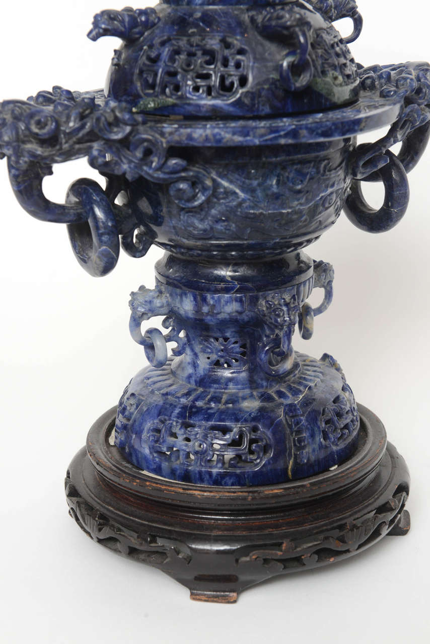 Chinese Sodalite Sensor on Carved Base, 20th Century's 1