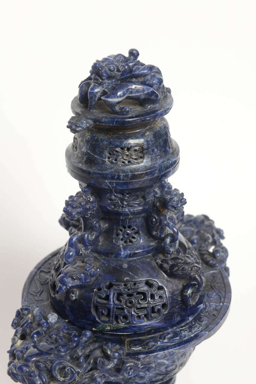 Chinese Sodalite Sensor on Carved Base, 20th Century's 3
