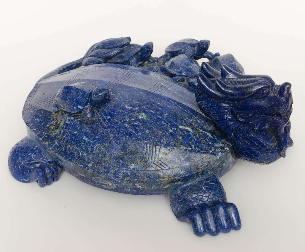 Lapis Lazuli Massive Chinese Sodalite Turtle with Young, 20th Century For Sale