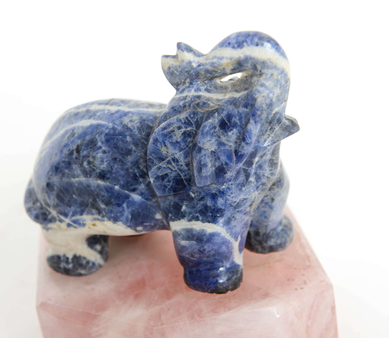 Chinese Sculpture of a Sodalite Elephant on Rose Quartz Base, 20th Century 4
