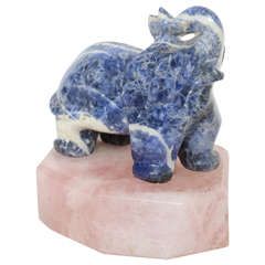 Chinese Sculpture of a Sodalite Elephant on Rose Quartz Base, 20th Century
