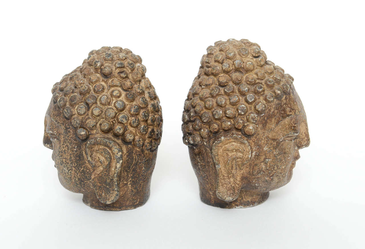 Chinese RARE Pair of Metal Buddha Heads, 19th Century