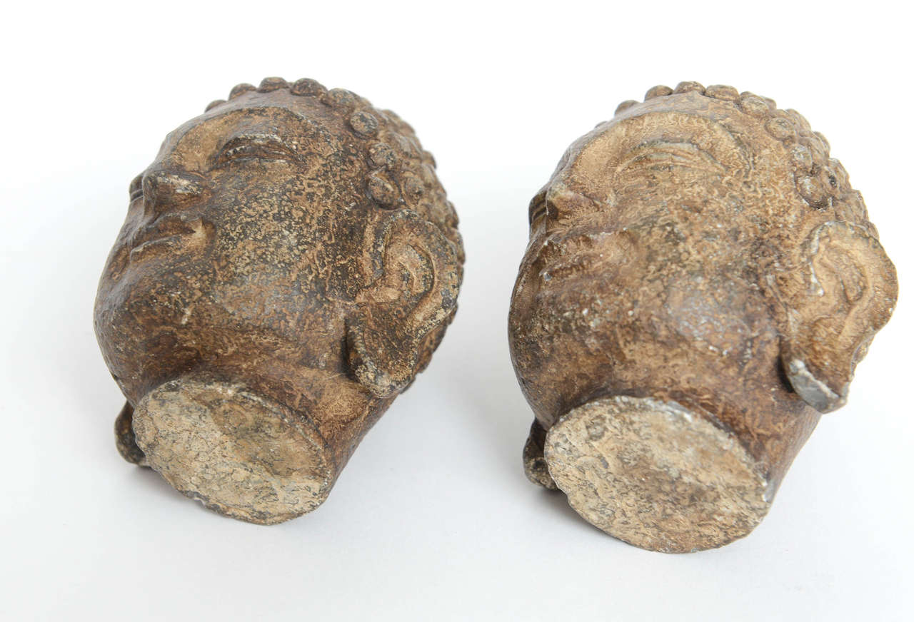 RARE Pair of Metal Buddha Heads, 19th Century 2