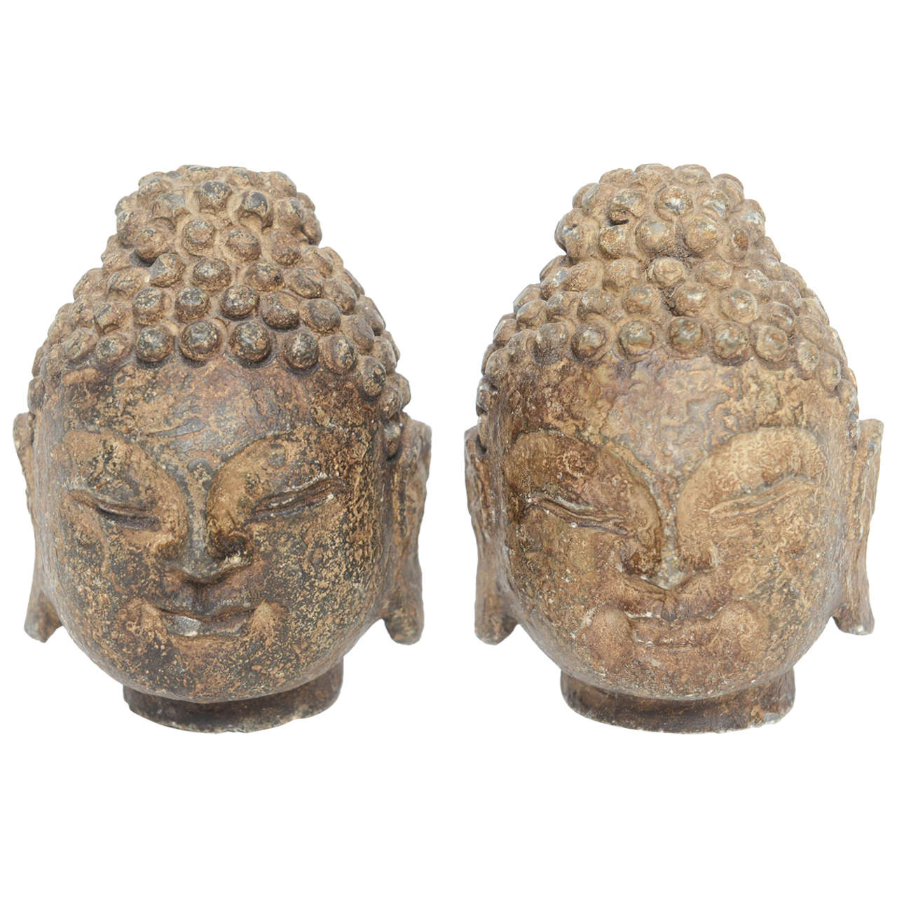 RARE Pair of Metal Buddha Heads, 19th Century