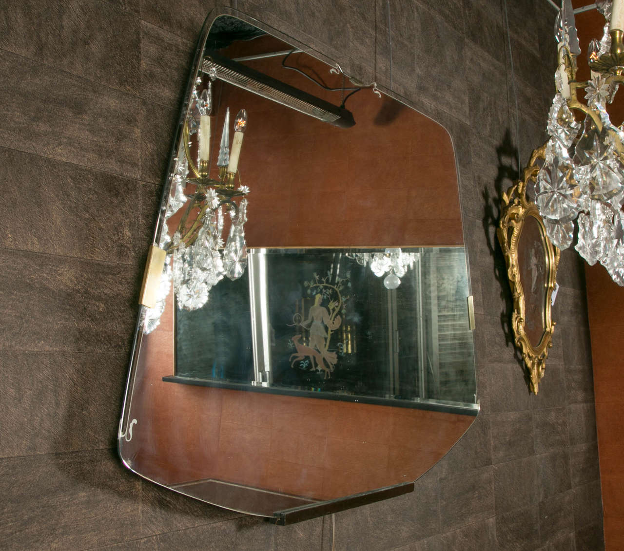 1950 italian mirror with brass decoration and wood base