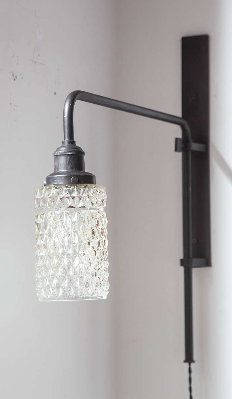 Industrial Pair of Black Metal and Cut Glass Wall Lamps