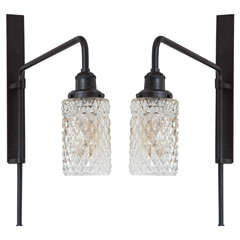 Antique Pair of Black Metal and Cut Glass Wall Lamps