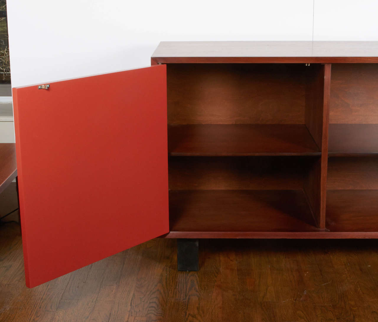 American George Nelson Walnut Bookcase with Red Lacquered Door, Herman Miller