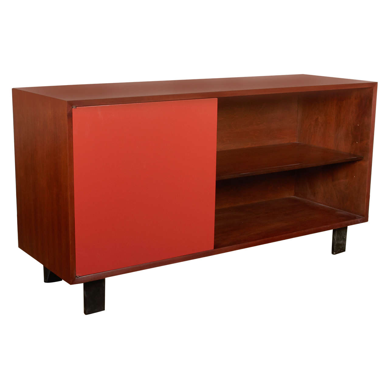 George Nelson Walnut Bookcase with Red Lacquered Door, Herman Miller