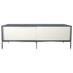Low Lacquered Credenza with White Doors on Stainless Steel Frame