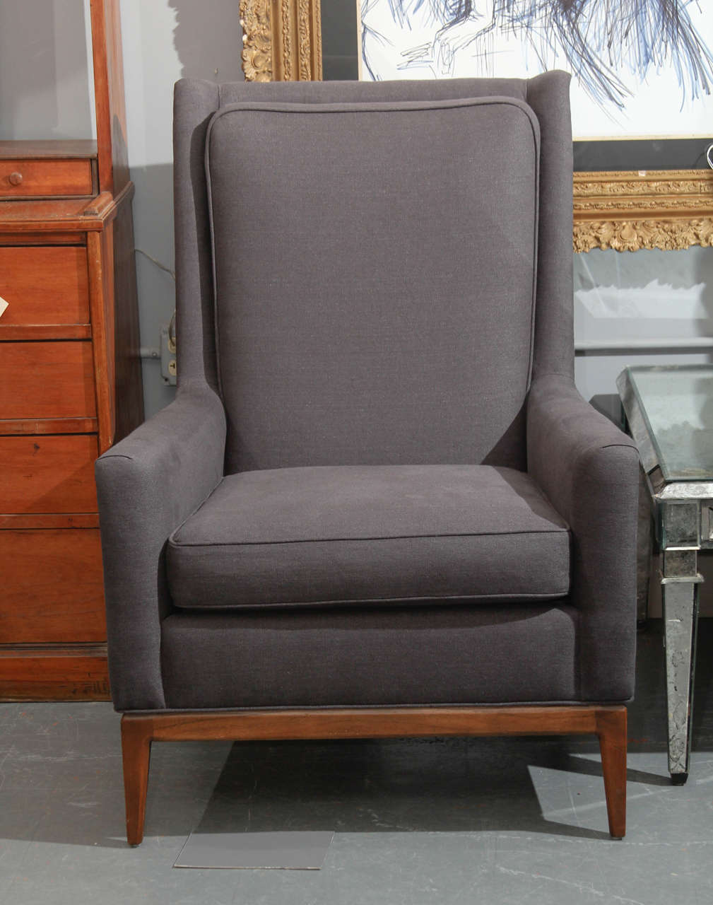 Handsome, very comfortable armchair reupholstered in upholstery weight charcoal grey linen.