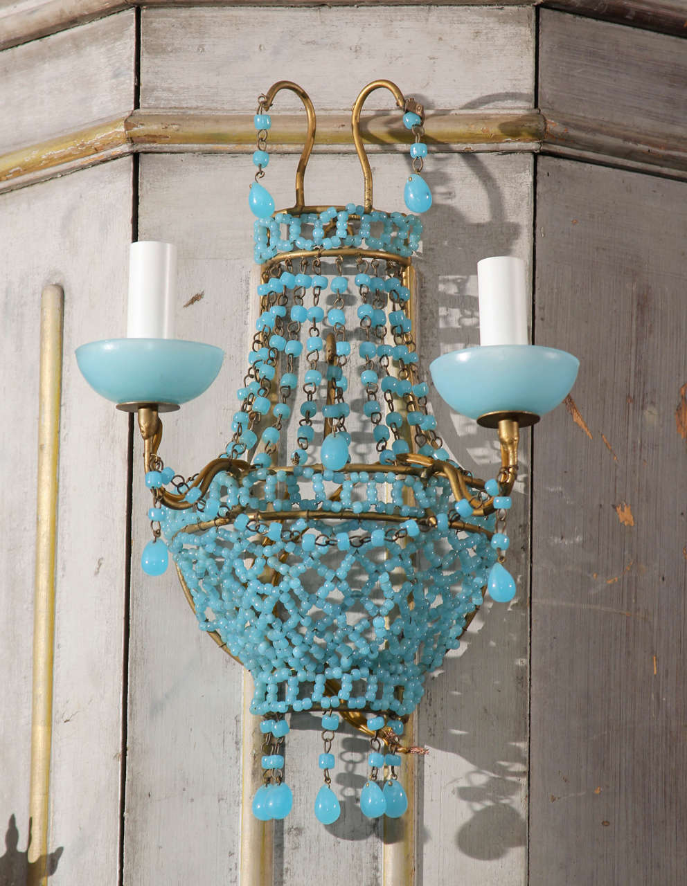 Great small-scale pair of Italian beaded sconces in blue glass.