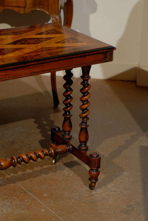 Marquetry English Charles II Style Inlaid Centre Table with Barley Twist Base, circa 1840