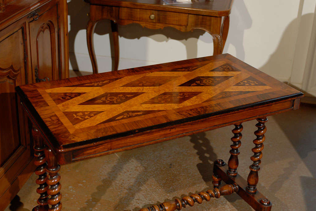 19th Century English Charles II Style Inlaid Centre Table with Barley Twist Base, circa 1840