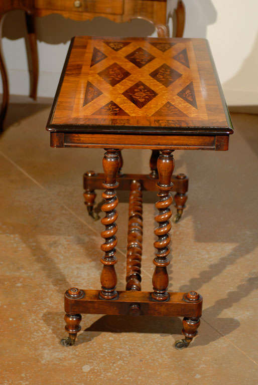 English Charles II Style Inlaid Centre Table with Barley Twist Base, circa 1840 1