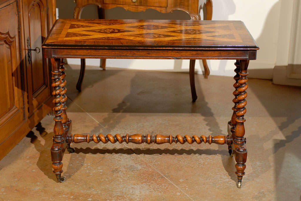 English Charles II Style Inlaid Centre Table with Barley Twist Base, circa 1840 2