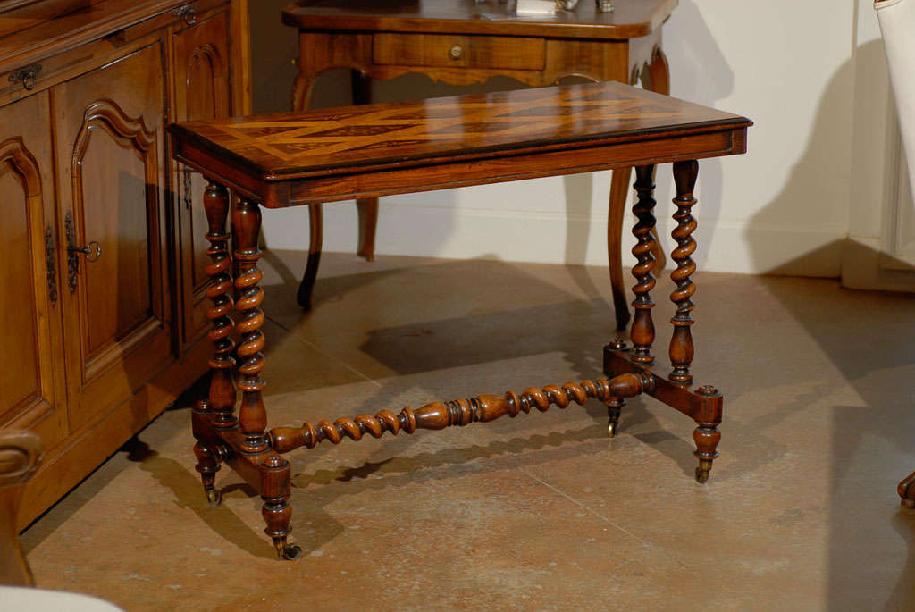 English Charles II Style Inlaid Centre Table with Barley Twist Base, circa 1840 3