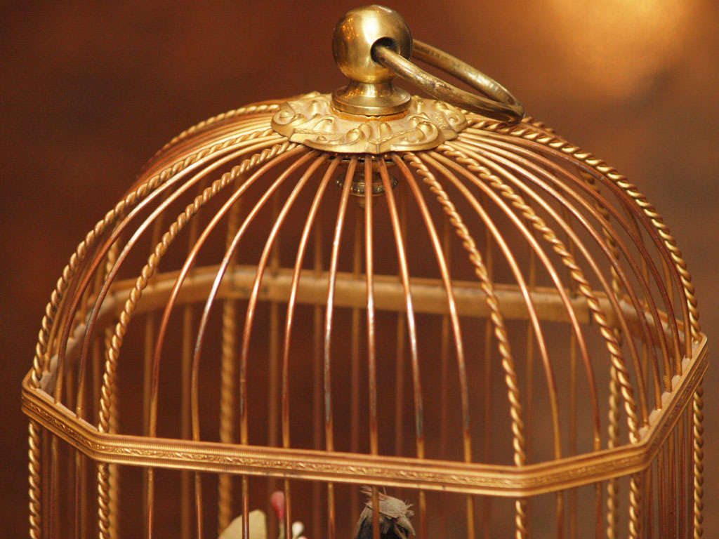French Gilt Metal And Wood Automaton Birdcage 1