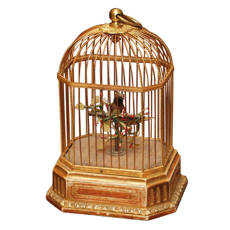 French Gilt Metal And Wood Automaton Birdcage