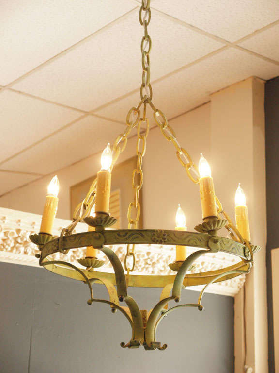 19th C Green Painted Rustic Italian Circular Iron Chandelier