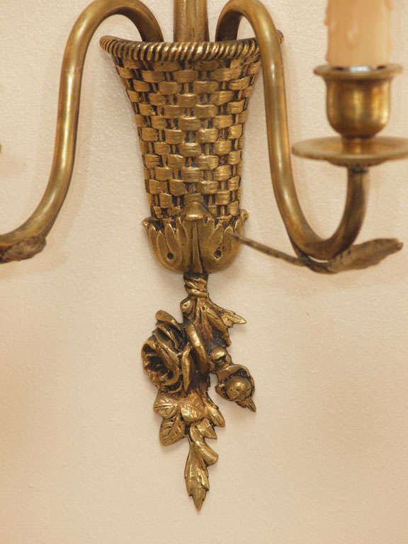 Pair of C 1940's French Bronze Beribboned and Flowered Basket Weave Sconces  For Sale 1