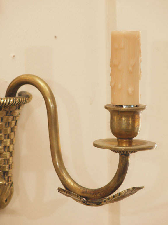 Pair of C 1940's French Bronze Beribboned and Flowered Basket Weave Sconces  For Sale 2