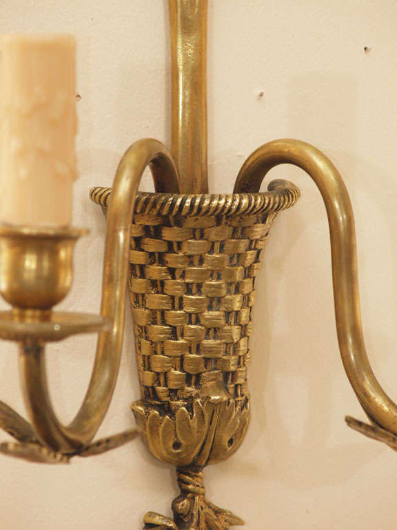 Pair of C 1940's French Bronze Beribboned and Flowered Basket Weave Sconces  For Sale 3