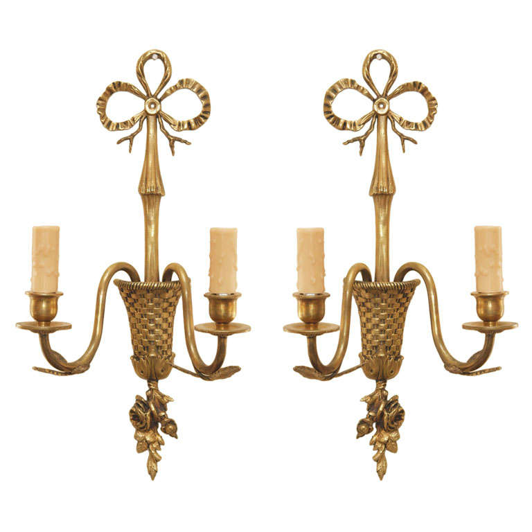 Pair of C 1940's French Bronze Beribboned and Flowered Basket Weave Sconces  For Sale