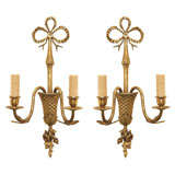 Pair of C 1940's French Bronze Beribboned and Flowered Basket Weave Sconces 