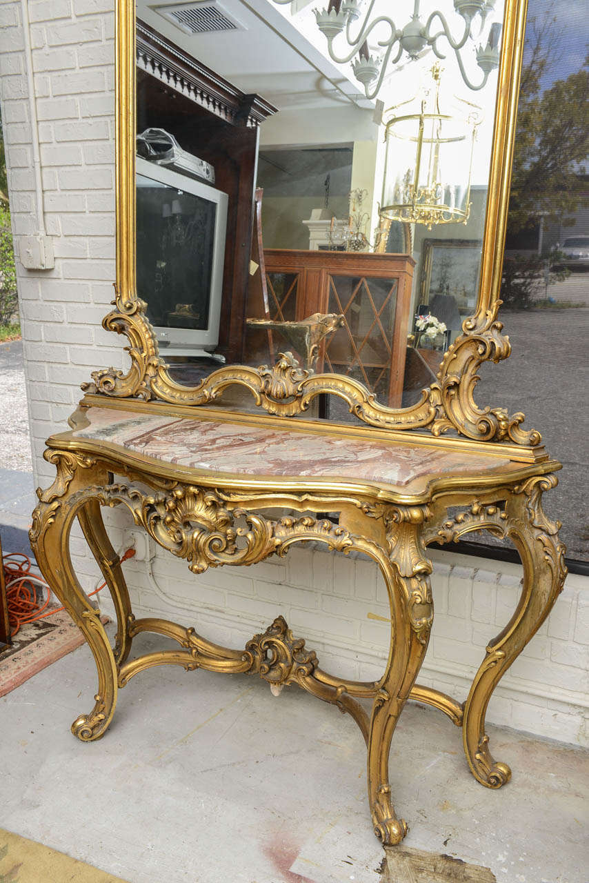 19th c. French Superb Marble-Top, Gilt Console Table with Mirror In Excellent Condition In West Palm Beach, FL