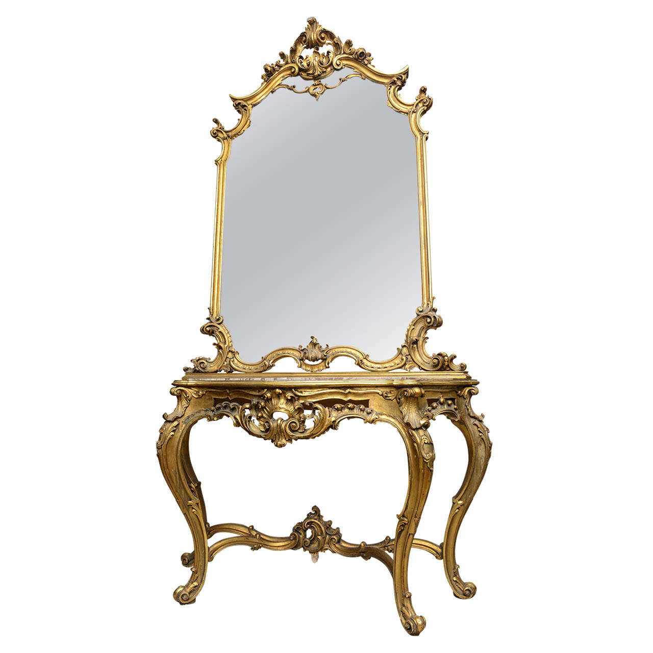 19th c. French Superb Marble-Top, Gilt Console Table with Mirror