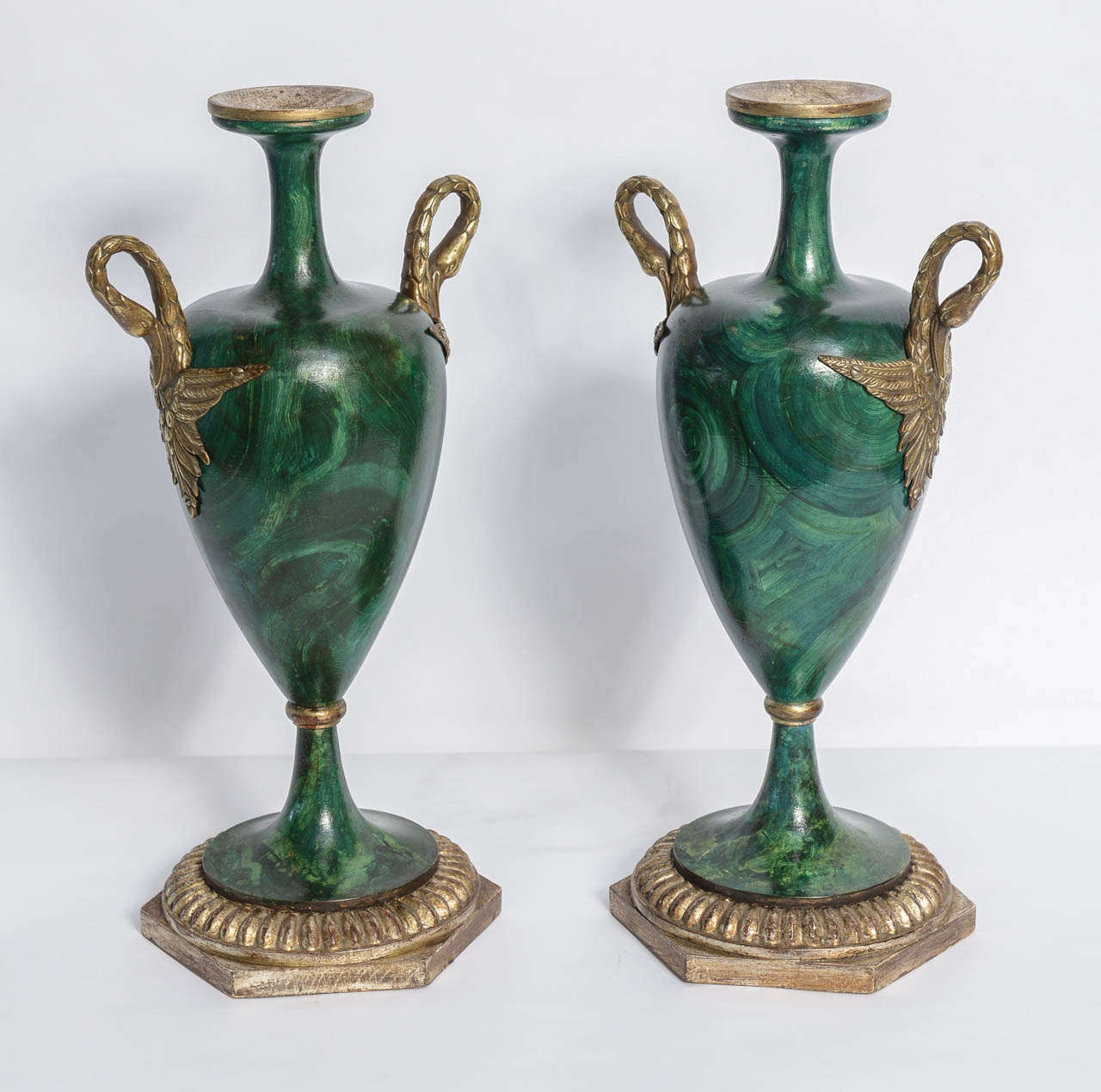 Antique Pair Neoclassical Faux Malachite & Silver Gilt Wood Urns with Bronze Swan handles.