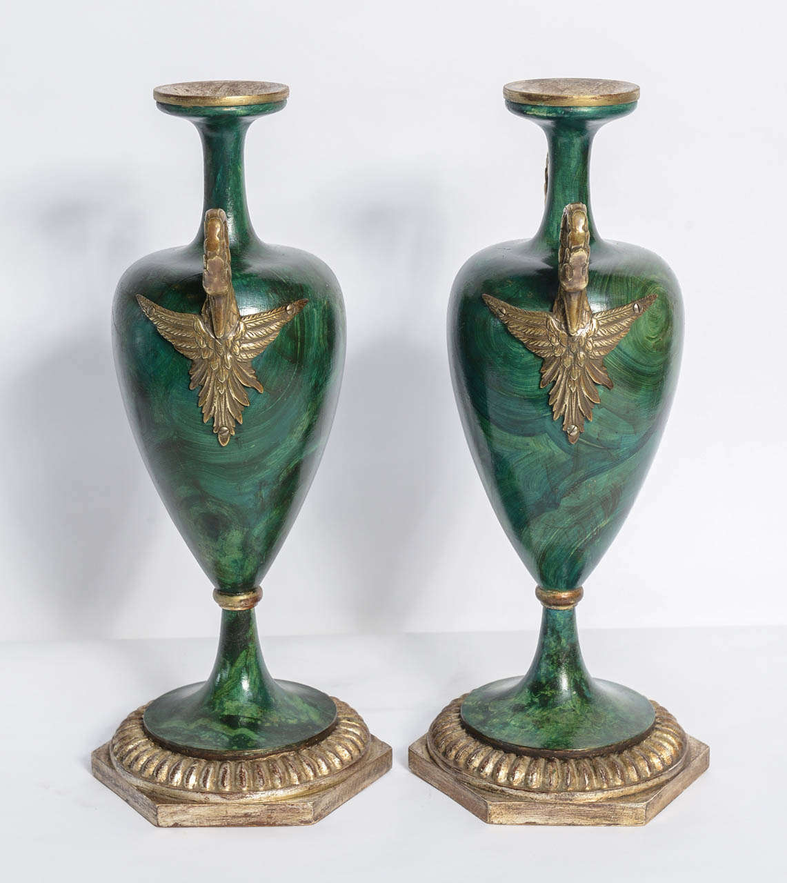 Italian Pr. Neoclassical Faux Malachite & Silver Gilt Wood Urns Swan Handles