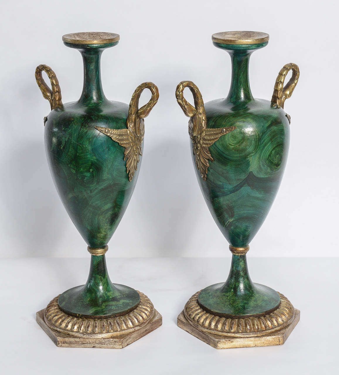 Pr. Neoclassical Faux Malachite & Silver Gilt Wood Urns Swan Handles In Good Condition In West Palm Beach, FL