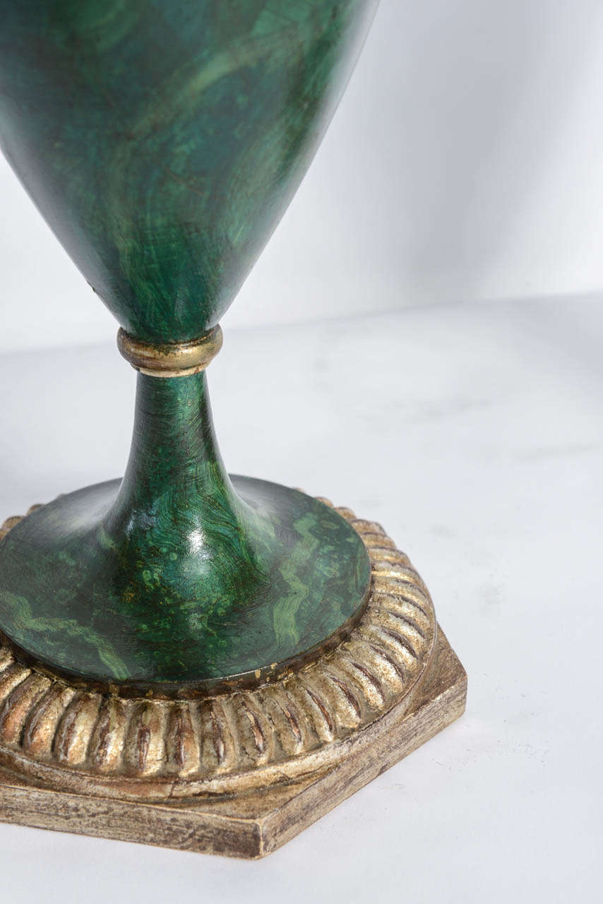 Pr. Neoclassical Faux Malachite & Silver Gilt Wood Urns Swan Handles 4