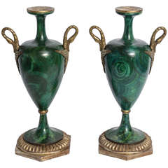 Pr. Neoclassical Faux Malachite & Silver Gilt Wood Urns Swan Handles