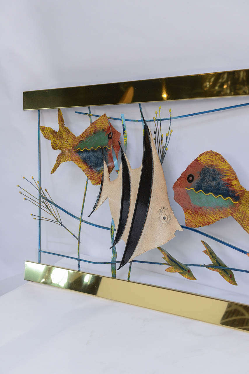 Tropical Fish in Aquarium, Metal Wall Sculpture, Signed C. Jere In Good Condition In West Palm Beach, FL