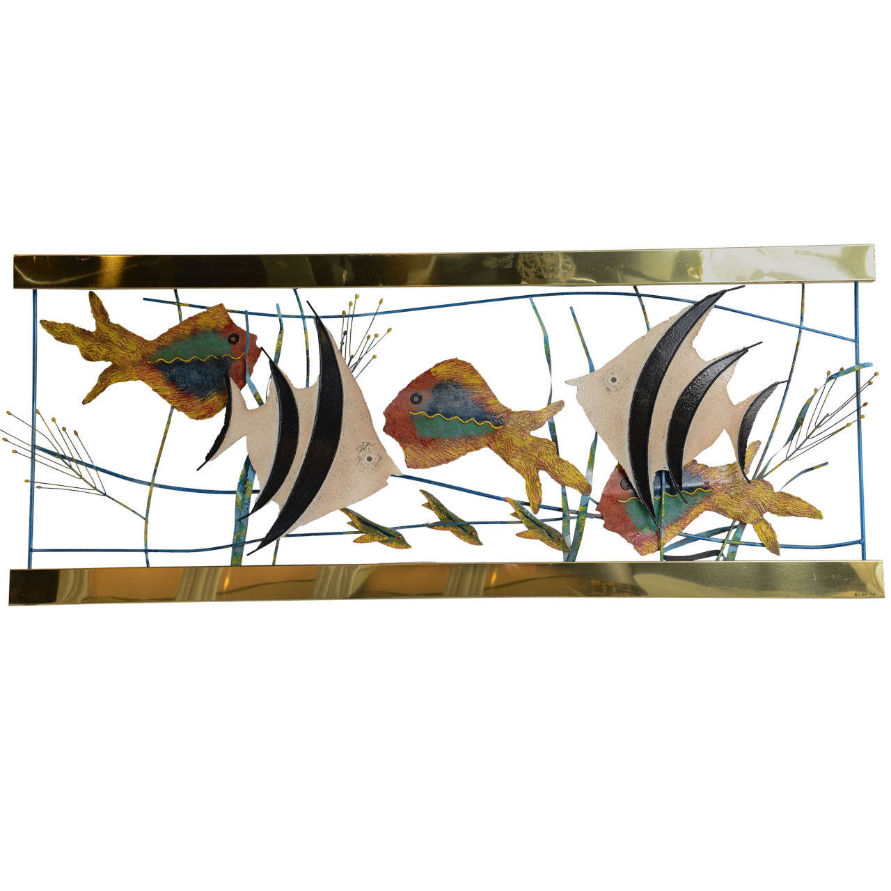 Tropical Fish in Aquarium, Metal Wall Sculpture, Signed C. Jere
