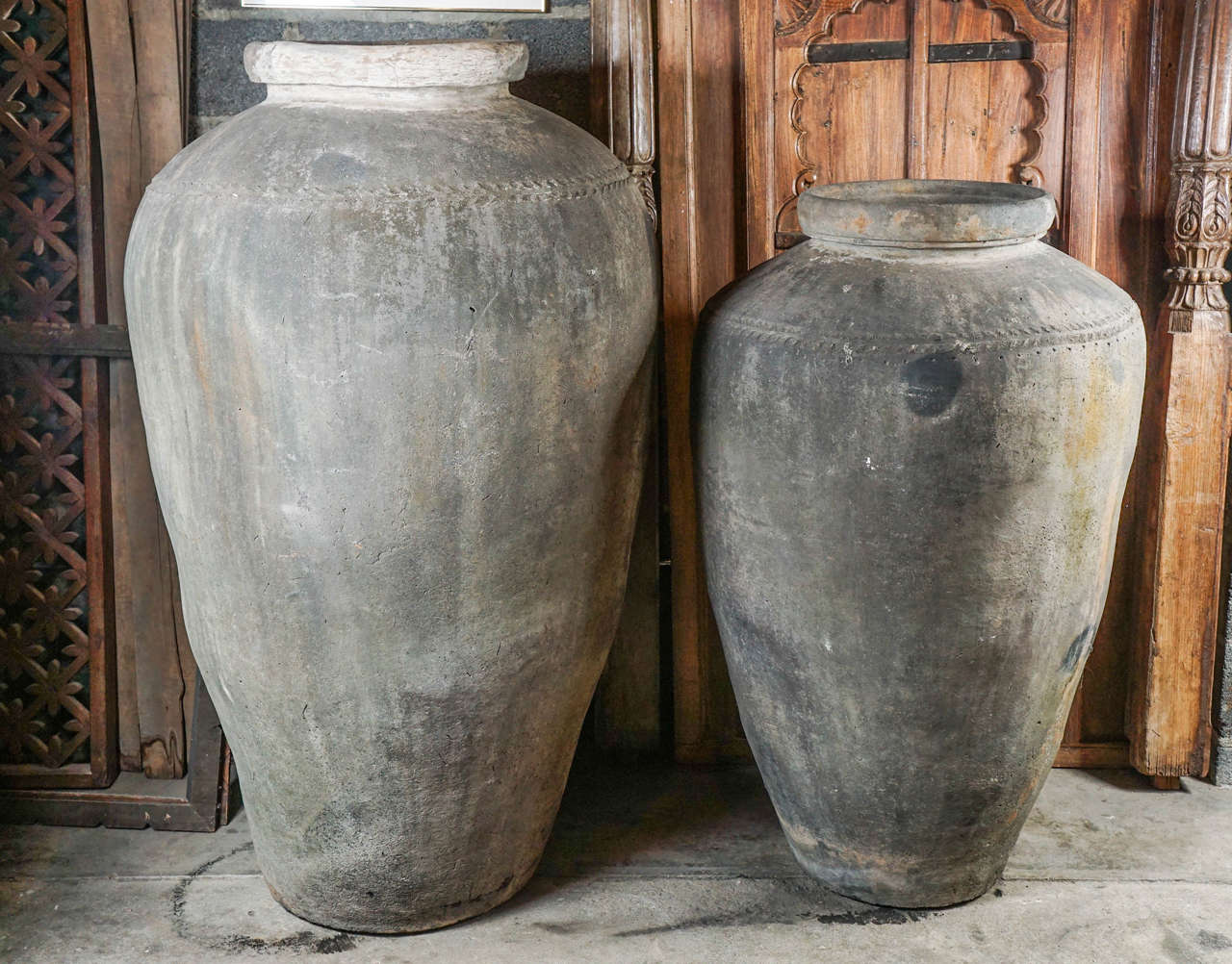Monumental clay pots from Northern India, can be used as a garden sculptures.
Size:
Large: 61 “H X39 “ Diameter Price: $2500 
Small: 51”H X32” Diameter Price: $2200.