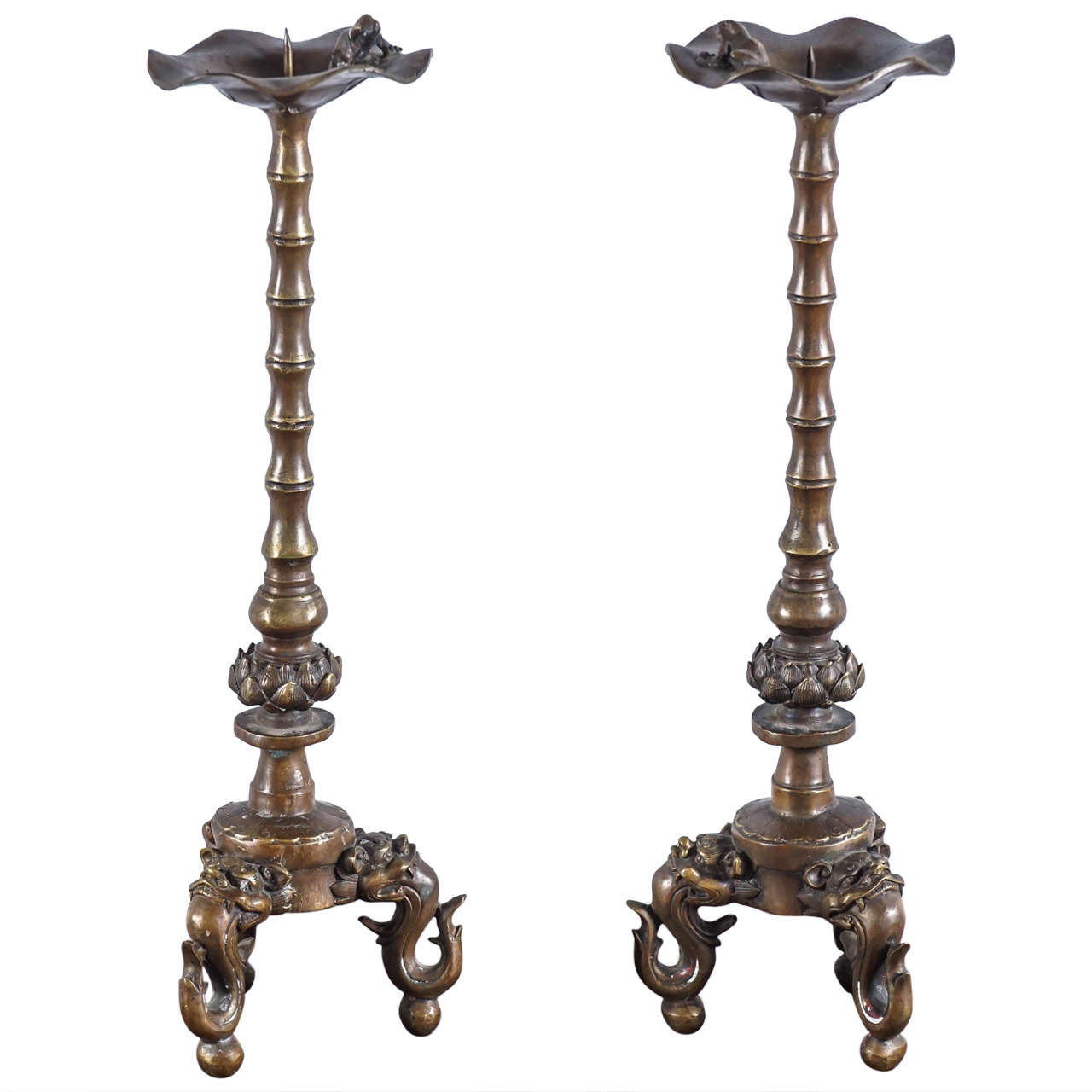 19th Century Tibetan Foo Dog Candle-stands For Sale