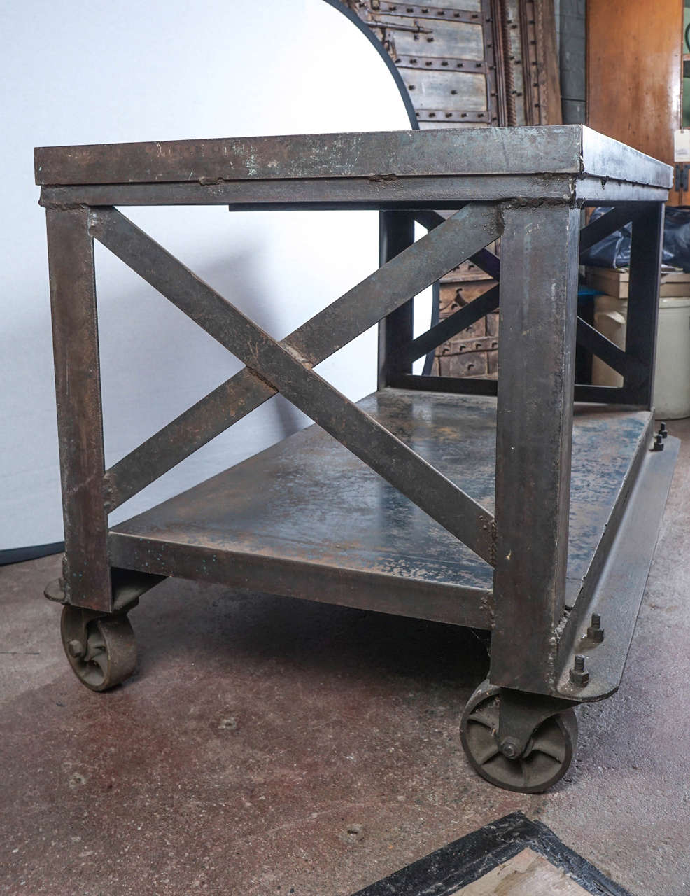 Patinated Midcentury Bethlehem Industrial Steel Rolling Cart For Sale