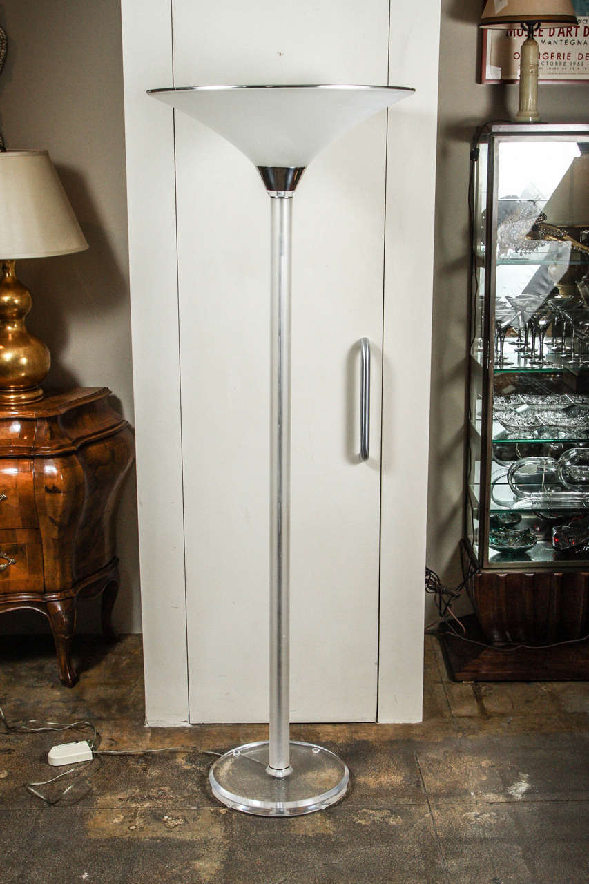 Italian floor lamp manufactured by Relco. Acrylic base with chrome accents and fiberglass shade. Original foot dimmer switch is in perfect working order. Lamp is in great condition.