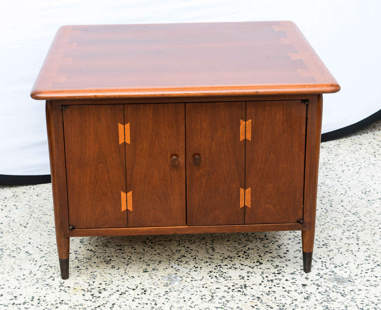 Beautiful inlaid wooden double door end tables/side tables from Acclaim series.  Made in the USA 1960