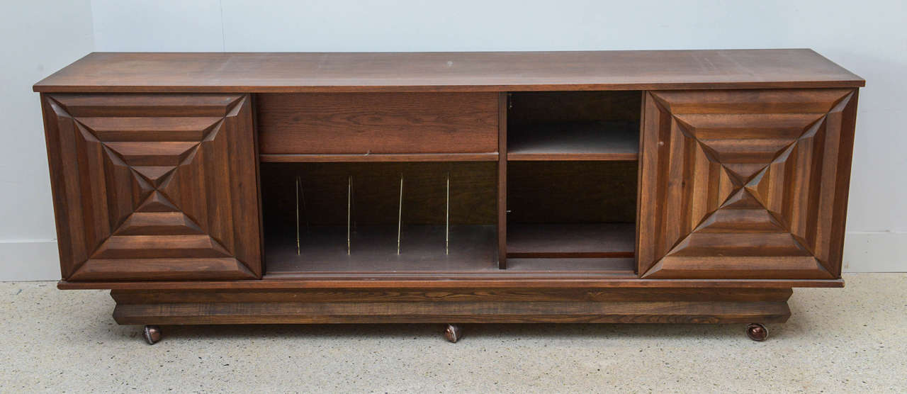 Mid-20th Century French Modern Dark Walnut Four-Door Credenza or Buffet, Style of Maxime Old For Sale
