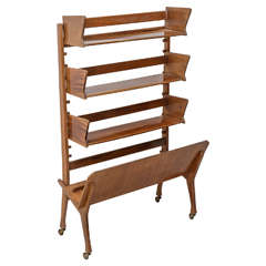Italian Modern Walnut Rolling Adjustable Book Shelf, Cesare Lacca